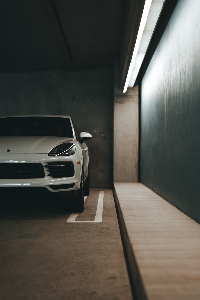 a white sports car parked in a parking garage